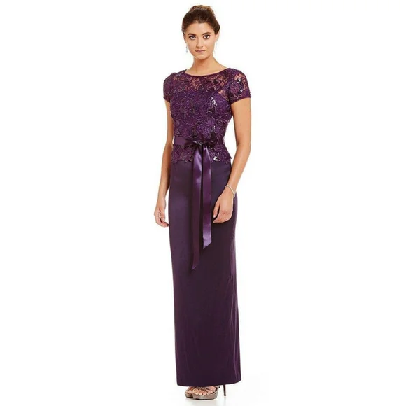 chinese dress ladies Adrianna Papell Embroidered Illusion Boat Neck Short Sleeve Gathered Side  Zipper Back Lace Gown